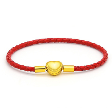 Benutzerdefinierte Edelstahl Diy Schmuck rotes Seil Lederarmband Gold Herz Schnalle geflochtene aufgereihte 3D Perlen DIY Knöchelarmband